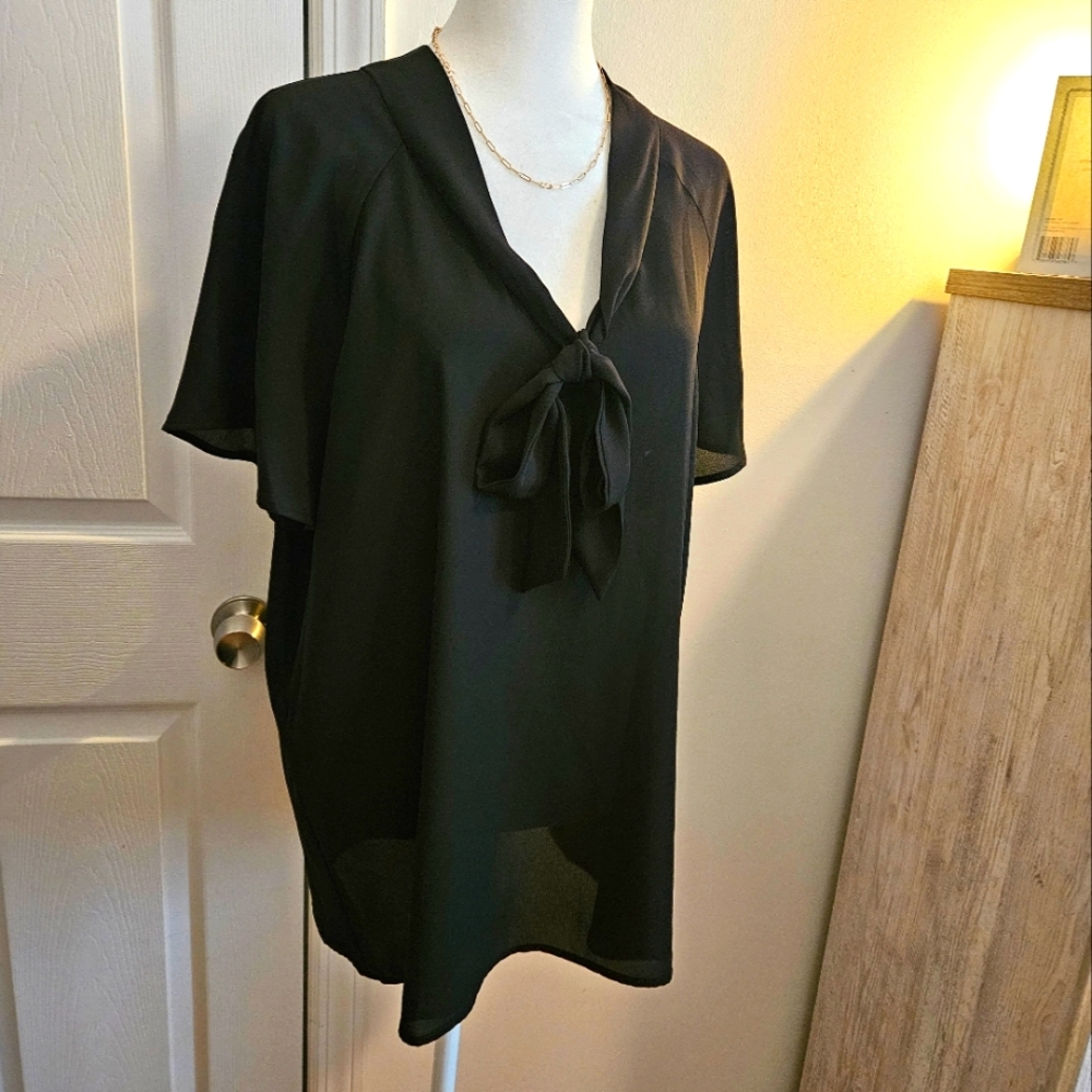 PLEIONE | NWT Black Short Sleeve Secretary Blouse Semi-Sheer Sz XL